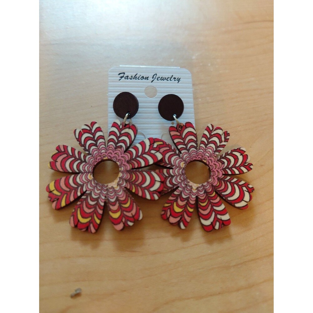 New Boho Hippie Chick Wooden Dangle stud Earrings Red Circle 2.25" long